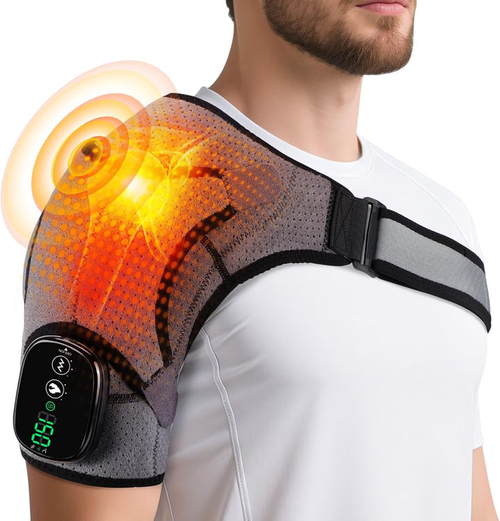 Heated Shoulder Brace, Shoulder Heating Pad with Massage, Electric Cordless Heated Shoulder Wrap with 3 Heating & Vibration Levels, Vibration Heated Shoulder Massager for Men Women Relaxation