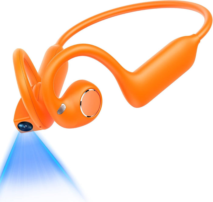 E12 Bone Conduction Headphones with Camera, Open-Ear, Comfort Fit, Hi‑Fi Stereo Sound, Hands-Free POV Camera, Supporting AI Translation & Smart Conversation, Suitable for Fitness and Travel (Orange)
