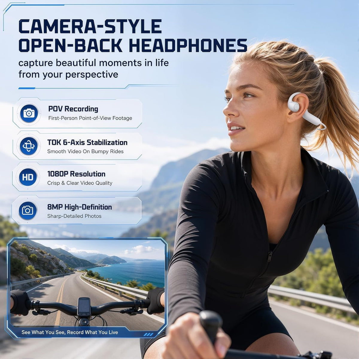 E12 Bone Conduction Headphones with Camera, Open-Ear, Comfort Fit, Hi‑Fi Stereo Sound, Hands-Free POV Camera, Supporting AI Translation & Smart Conversation, Suitable for Fitness and Travel (Orange)