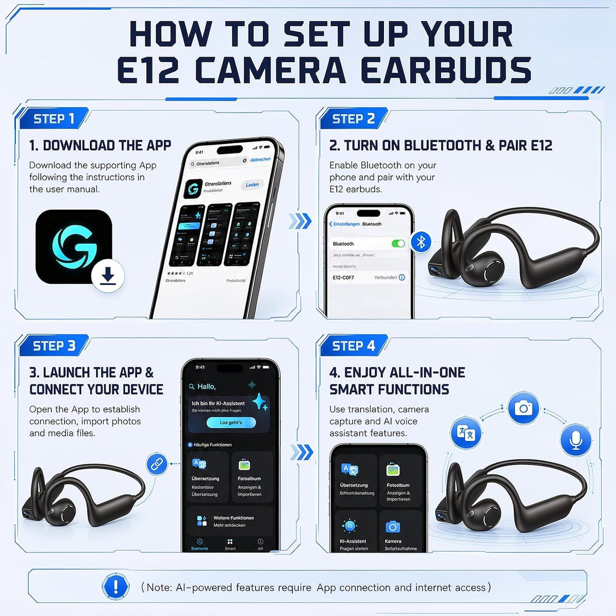 E12 Bone Conduction Headphones with Camera, Open-Ear, Comfort Fit, Hi‑Fi Stereo Sound, Hands-Free POV Camera, Supporting AI Translation & Smart Conversation, Suitable for Fitness and Travel (Orange)