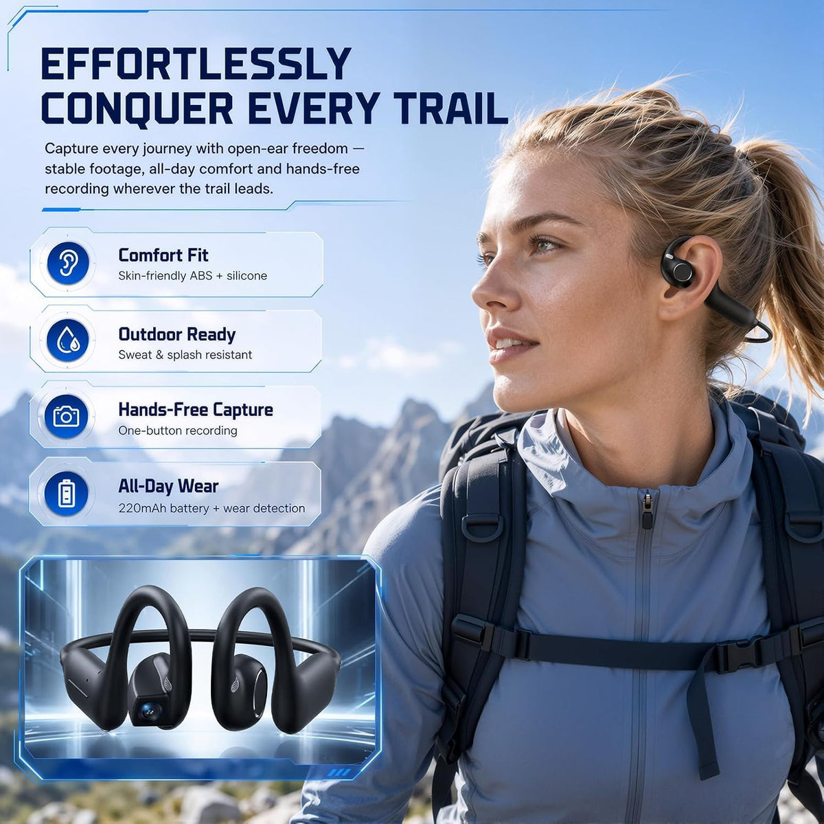 E12 Bone Conduction Headphones with Camera, Open-Ear, Comfort Fit, Hi‑Fi Stereo Sound, Hands-Free POV Camera, Supporting AI Translation & Smart Conversation, Suitable for Fitness and Travel (Orange)
