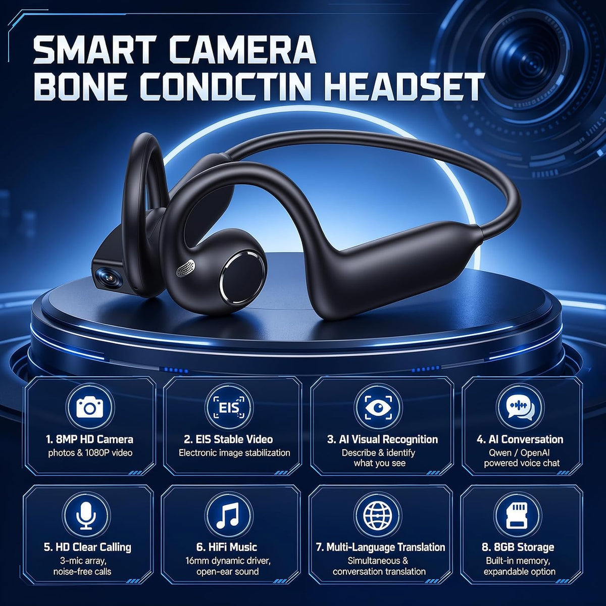 E12 Bone Conduction Headphones with Camera, Open-Ear, Comfort Fit, Hi‑Fi Stereo Sound, Hands-Free POV Camera, Supporting AI Translation & Smart Conversation, Suitable for Fitness and Travel (Orange)