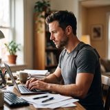 Man working at a desk wearing the posture sensor