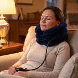 Woman relaxing while using the neck traction device