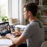 Young man wearing the posture sensor on a video call