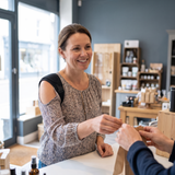 Serving customers with the support on under her blouse