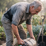 Older man gardening wearing the lumbar belt