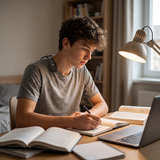 Teenager doing homework wearing the posture sensor